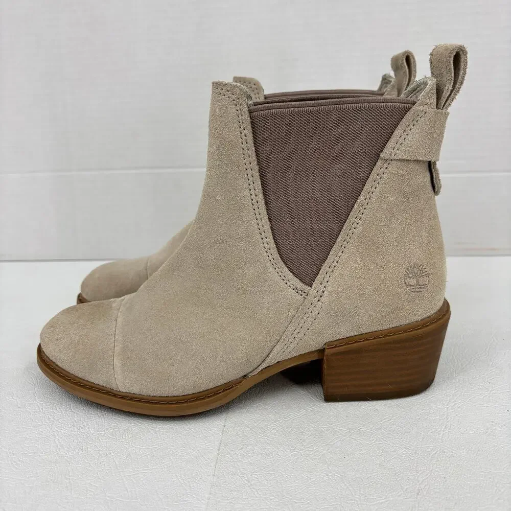 Timberland Sutherlin Bay Chelsea Boots Size 6 Beige Suede Block Heel Pull‎ On